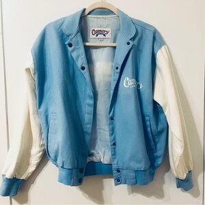 Baby blue and white varsity jacket
